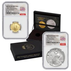 Set of 2 2026 Gold Standing Liberty Quarter and Silver Medal NGC SP70 FDOI America250 Label w/ OGP