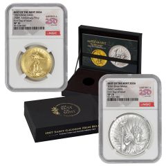 Set of 2 1907 (2026) $20 Gold Saint Gaudens and Silver Medal NGC SP70 FDOI America250 Label w/ OGP