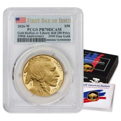 PRE-ORDER 2026-W $50 Gold Buffalo PCGS PR70DCAM FDOI Flag Label w/ OGP