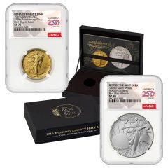 PRE-ORDER Set of 2 1916 (2026) 50c Gold Walking Liberty and Silver Medal NGC SP70 FDOI 250th Label w/ OGP