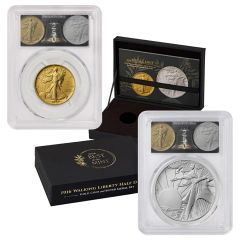 PRE-ORDER Set of 2 1916 (2026) 50c Gold Walking Liberty and Silver Medal PCGS SP70 FDOI Semiquincentennial Label w/ OGP