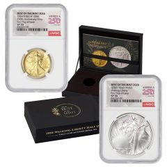 Set of 2 1916 (2026) 50c Gold Walking Liberty and Silver Medal NGC SP70 FDOI 250th Label w/ OGP