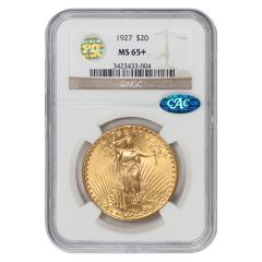 1927 $20 Gold Saint Gaudens NGC MS65+ CAC PQ Obverse