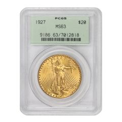 1927 $20 Gold Saint Gaudens PCGS MS63 OGH Obverse