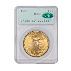 1927 $20 Gold Saint Gaudens PCGS MS63 CAC Rattler Obverse