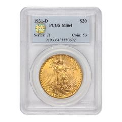 US $20 Saint Gaudens 1931-D PCGS MS64 PQ Obverse