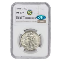 1945-D 50c Silver Walking Liberty NGC MS67+ CAC PQ