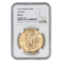 Mexico 1947 Gold 50 Peso NGC MS65 Restrike Obverse