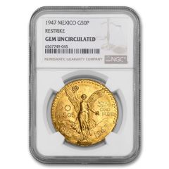 Mexico 1947 Gold 50 Peso NGC Gem Uncirculated RestrikeObverse
