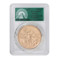 Mexico 1947 Gold 50 Peso PCGS MS70 New Die Restrike Obverse