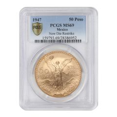 Mexico 1947 Gold 50 Peso PCGS MS69 New Die Restrike Obverse