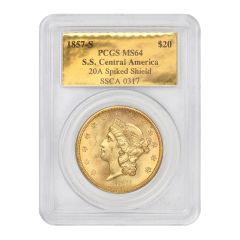 1857-S $20 Gold Liberty PCGS MS64 S.S. Central America 20A Spiked Shield  Obverse