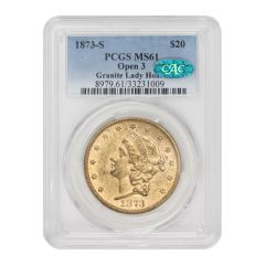1873-S $20 Gold Liberty PCGS MS61 Open 3 CAC Obverse