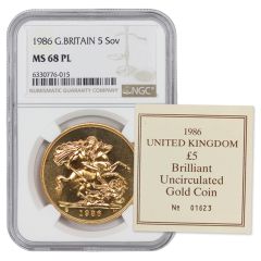 Great Britain 1986 Gold 5 Sovereign NGC MS68PL w/ COA