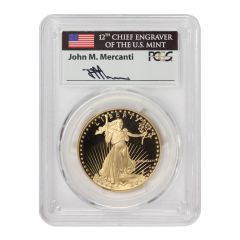 1986-W $50 Eagle PCGS PR70DCAM Mercanti Label