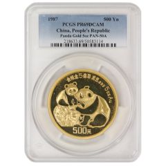 China 1987 500 Yn Gold Panda PCGS PR69DCAM Obverse

