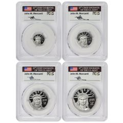 Set of 4 1999-W Platinum Eagles PCGS PR70DCAM Struck at West Point Mercanti Label