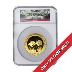 China 2014 Gold Panda 5 oz Smithsonian Institution Medal NGC PF70UCAM Obverse
