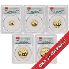China 2012 Set of 5 Gold Panda PCGS MS70 FS Obverse