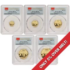 China 2013 Set of 5 Gold Panda PCGS MS70 FS Obverse