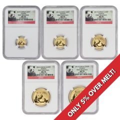 China 2015 Set of 5 Gold Panda NGC MS70 FR Panda Label
