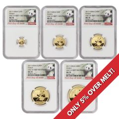 China 2017 Set of 5 Gold Panda NGC MS70 FDOI Obverse