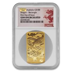 Australia Random Year 1oz Gold Dragon Bar NGC GEMUNC FDOI Lunar Label