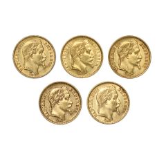 Lot of 5 France Gold 20 Francs Napoleon AU Laureate Head Obverse