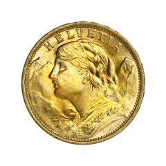 Swiss Gold 20 Franc Helvetia Post-1933 BU (Random Year)