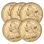 Lot of 5 British Gold Sovereign Queen Victoria Veiled Head BU Obverse
